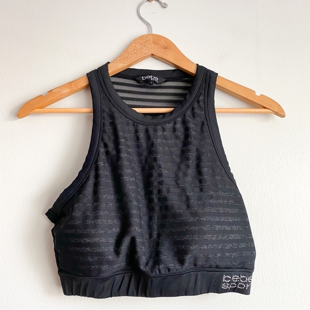 🔥Bebe Sports Bra Black Striped Sheer Sweat Wicking Workout Gym Yoga Running L - Picture 2 of 8